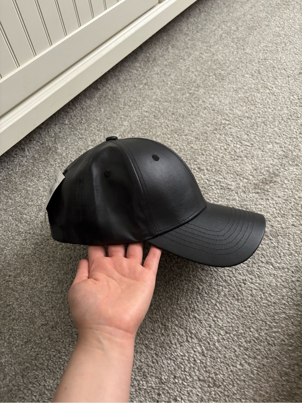 Black Faux Leather Baseball Cap